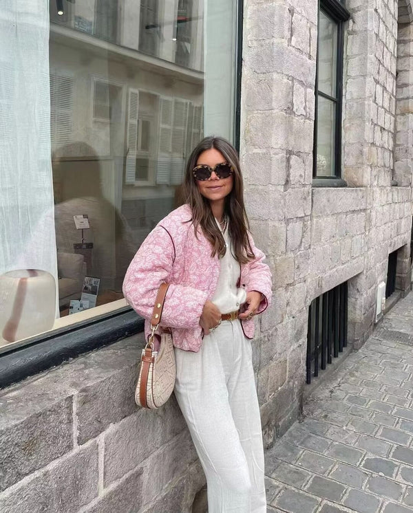 BLOOM – Damska patchworkowa kurtka pikowana w kolorze różowym